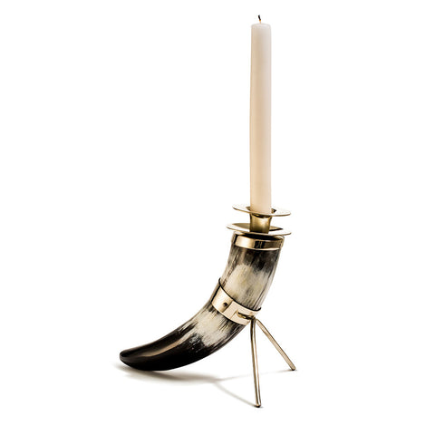 handmade single black and white horn with german silver stand and white taper candle 