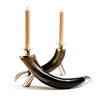 handmade dark brown and light brown set of two natural horns with german silver stand and tip with two gold taper candles 