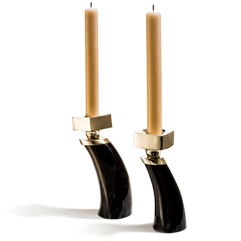 handmade black set of two small horn candle holders with german silver and two gold taper candles 