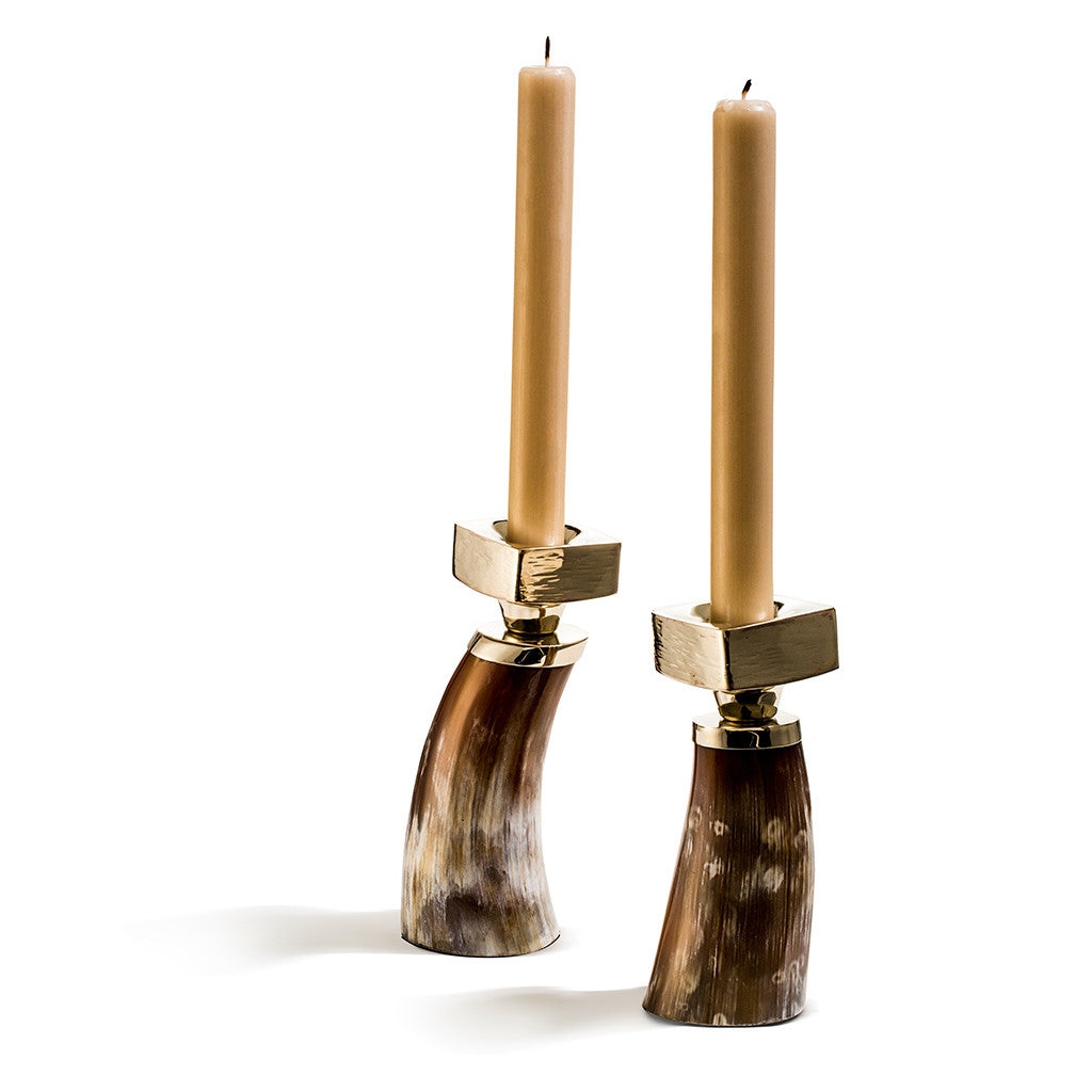 handmade brown and cream variegated set of two small horn candle holders with german silver and two gold taper candles 