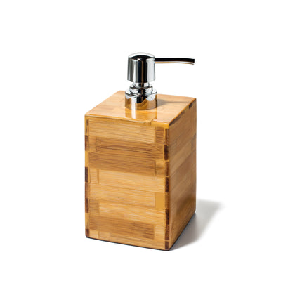 A Bamboo Veneer Soap Dispenser by LaDorada, handcrafted with exquisite detail, showcasing Colombian artistry.