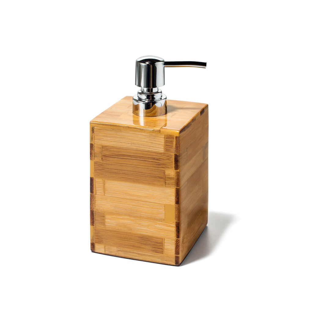 A Bamboo Veneer Soap Dispenser by LaDorada, handcrafted with exquisite detail, showcasing Colombian artistry.