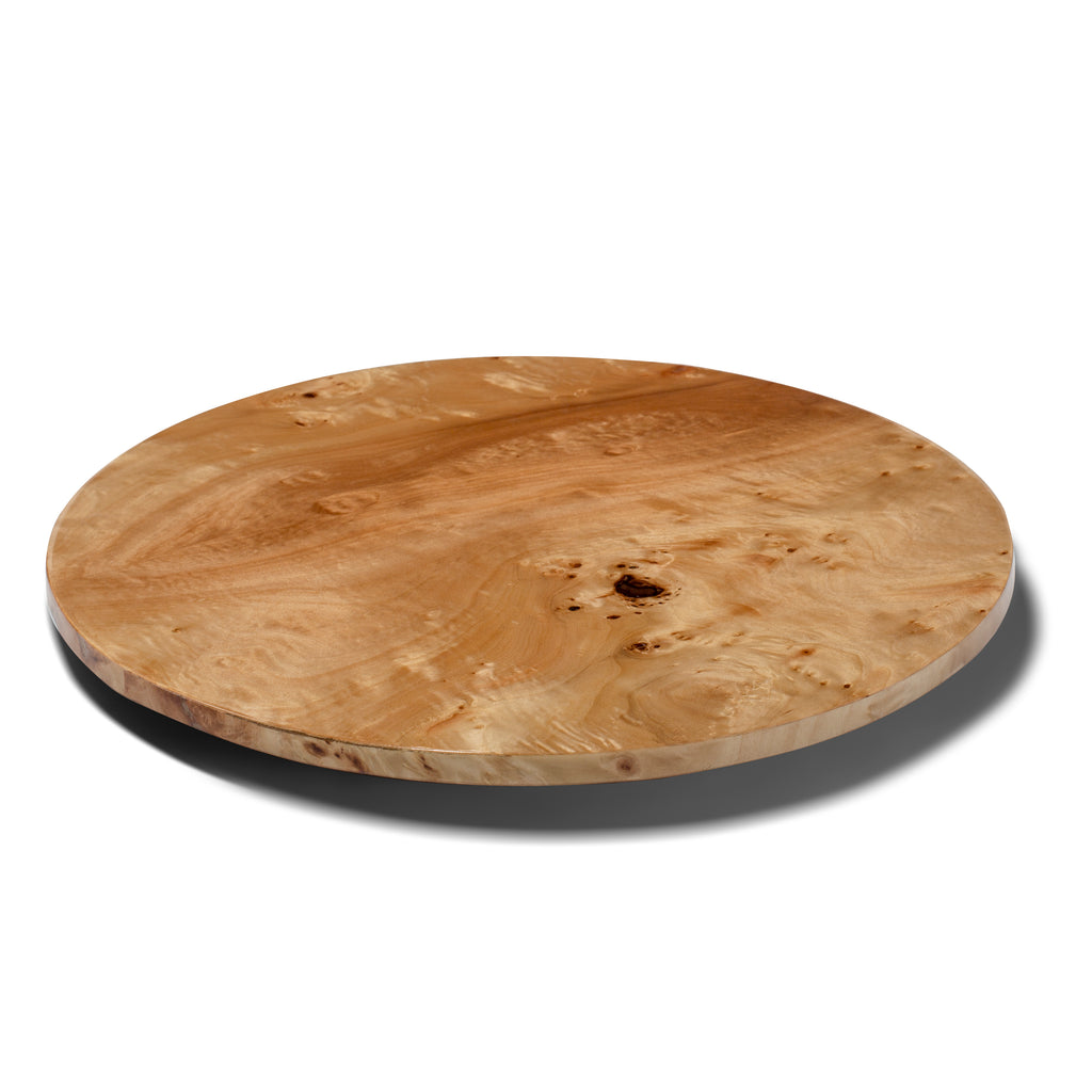 A Burl Veneer Revolving Tray by LaDorada, handcrafted with exquisite detail, showcasing Colombian artistry.