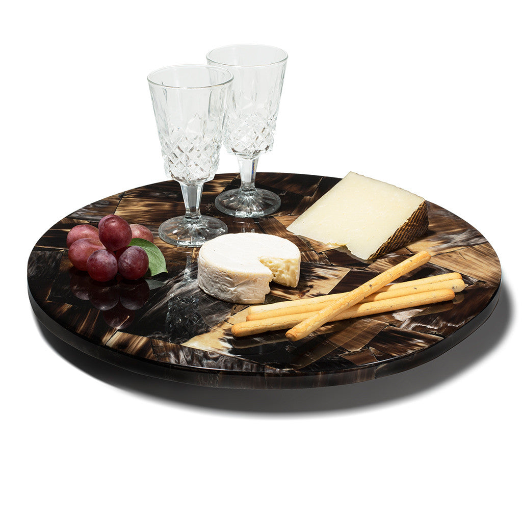 handmade brown and cream horn wood inlay round lazy susan with two glasses and cheeses 