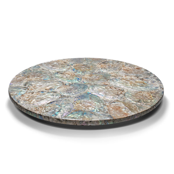 handmade iridescent colors with white natural mother of pearl round lazy susan revolving tray on wood 
