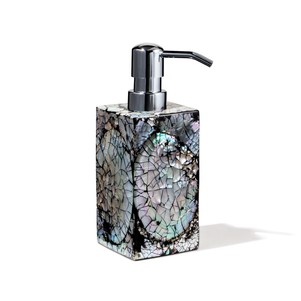 handmade iridescent mother of pearl wood soap dispenser