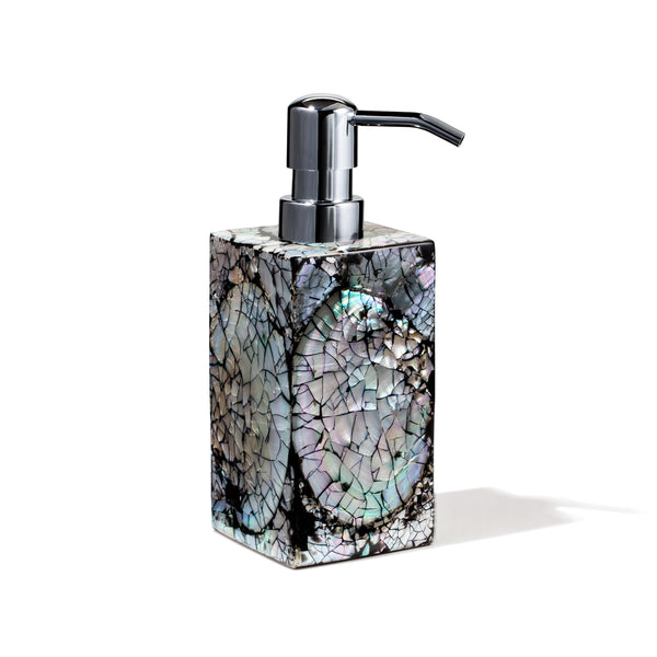handmade iridescent mother of pearl wood soap dispenser