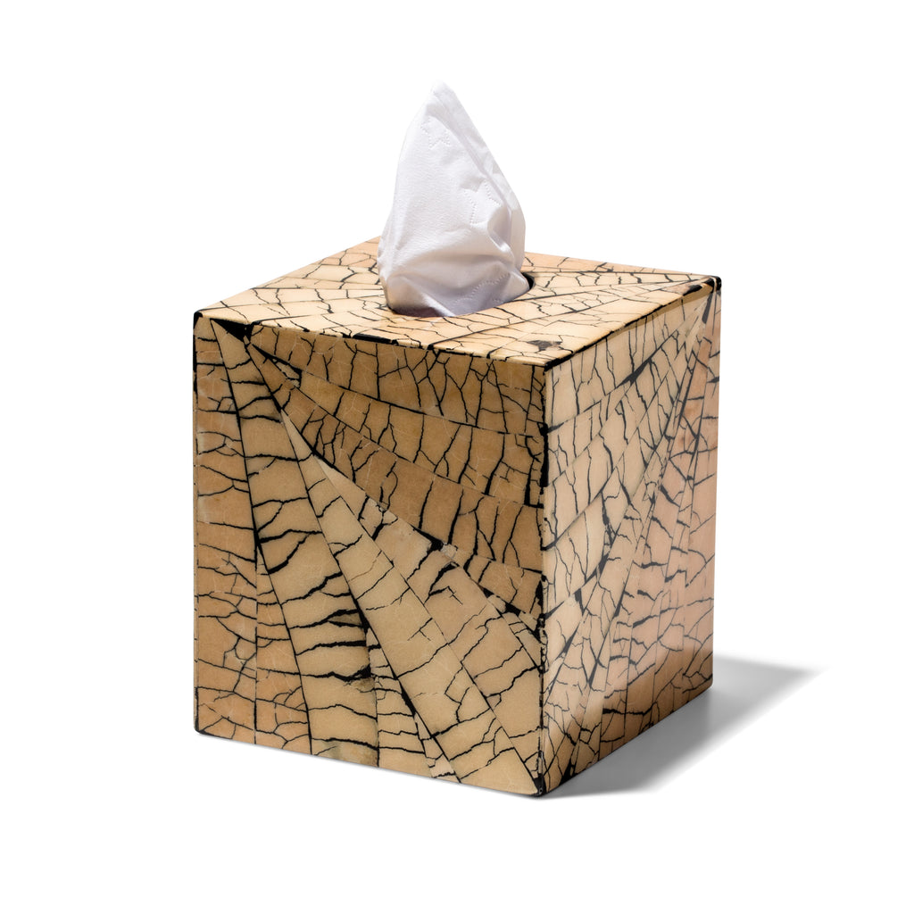 handmade beige and black mosaic patterned totumo wood tissue box