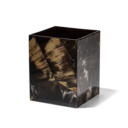 handmade black and beige splatter horn veneer wood wastebin