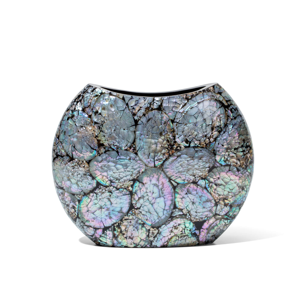 handmade iridescent mother of pearl mosaic on black wood flower vase with narrow opening 