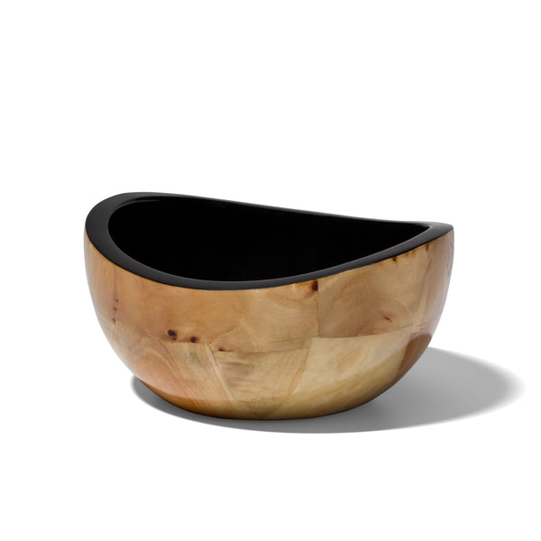 handmade burl veneer bowl with light brown atmospheric geometric pattern and black interior empty