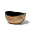 handmade burl veneer bowl with light brown atmospheric geometric pattern and black interior empty