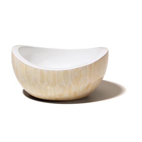 handmade almendro bone wood bowl with beige almond pattern empty with white interior