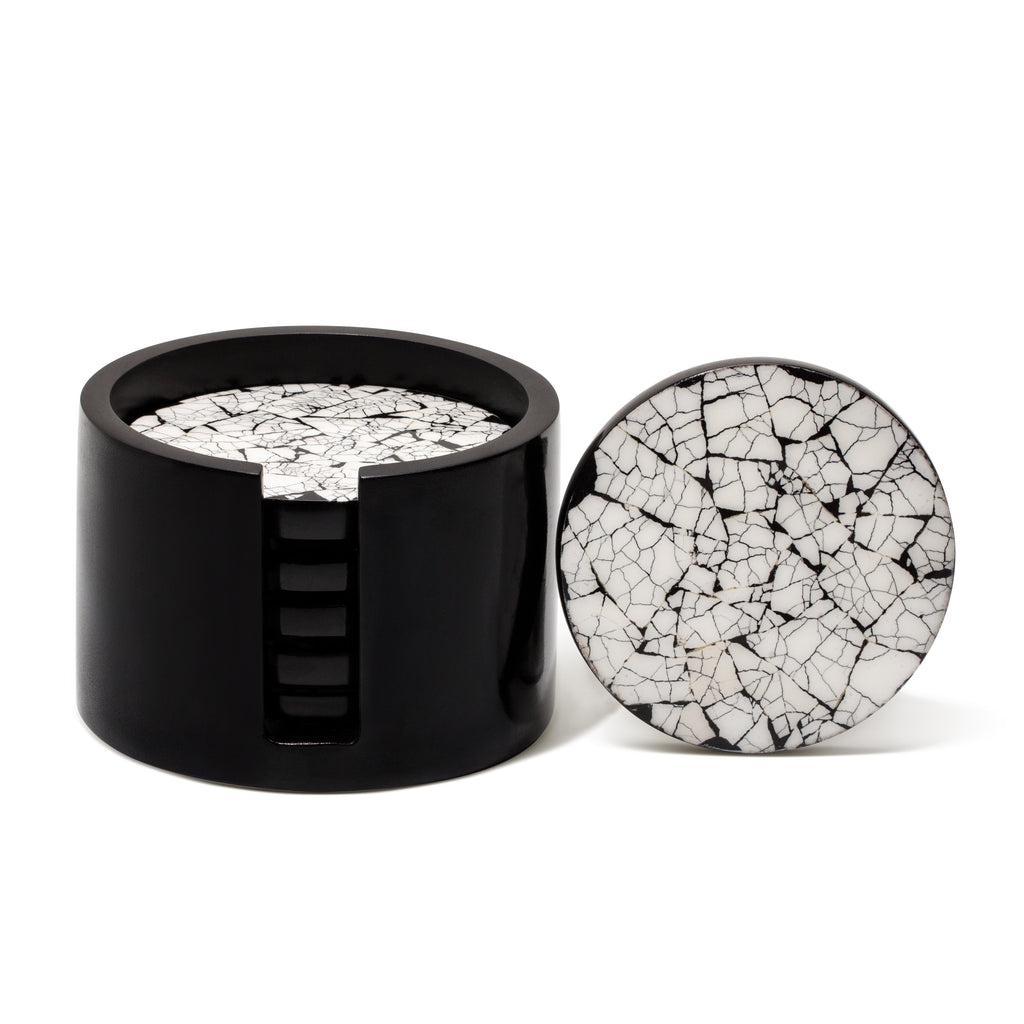 handmade white and black ostrich eggshell patterned round wood coaster set coasters in container and one on side