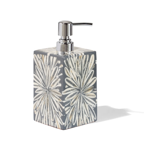 handmade gray and white loop patterned almendro bone wood soap dispenser with silver pump