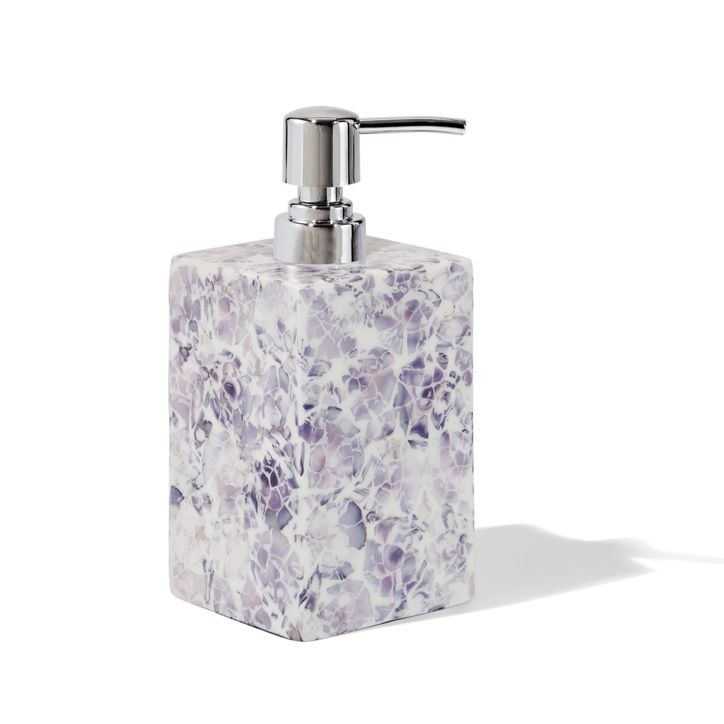 handmade purple and white mosaic patterned natural sea shell wood soap dispenser with silver pump
