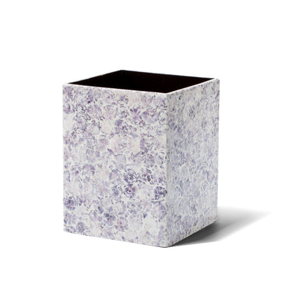 handmade purple and white mosaic patterned natural sea shell wood waste bin
