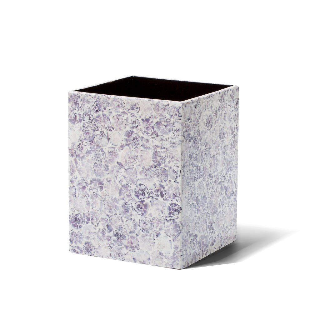handmade purple and white mosaic patterned natural sea shell wood waste bin
