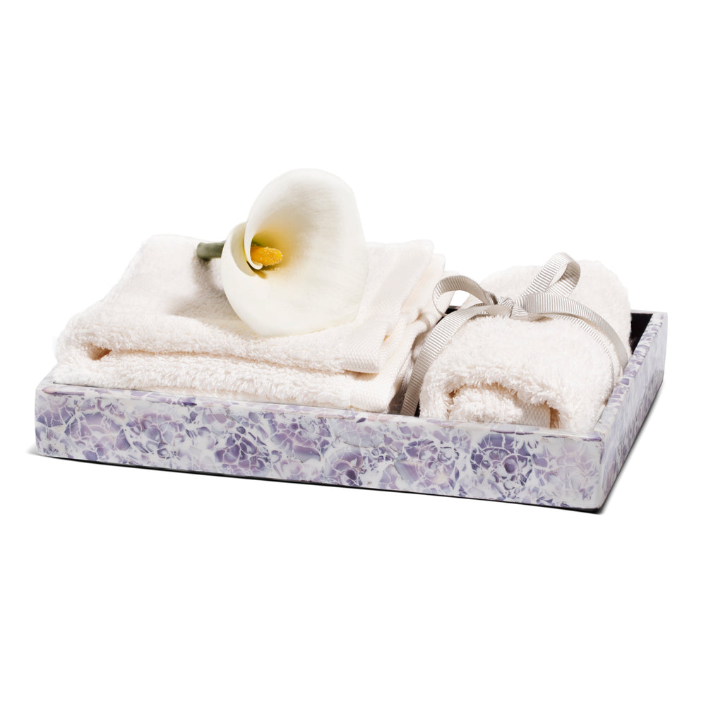handmade purple and white mosaic patterned natural sea shell wood bath tray with towels and flower inside