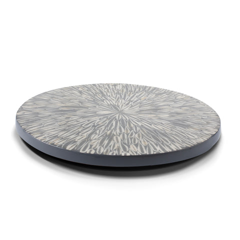 handmade gray round lazy susan with white bone inlay in floral pattern 
