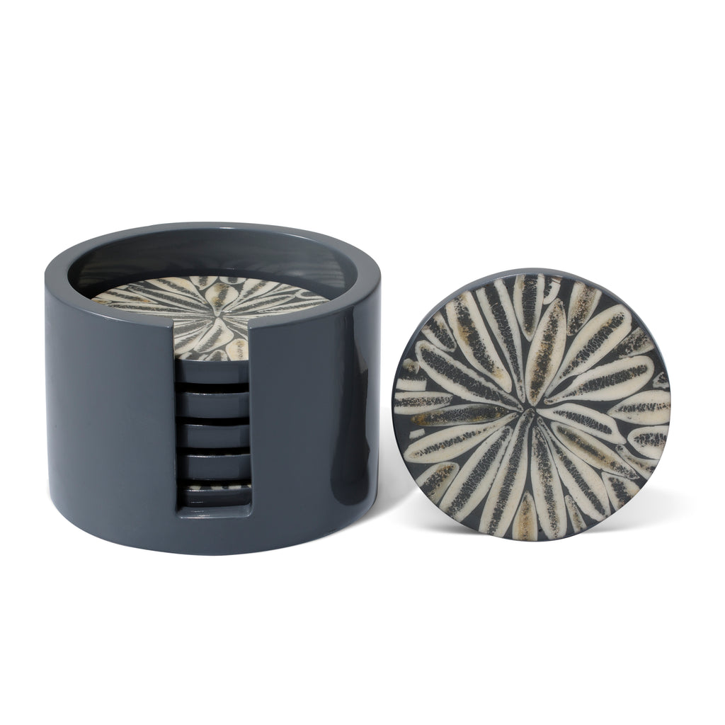 handmade gray almendro round wood bone coaster set with coasters in container