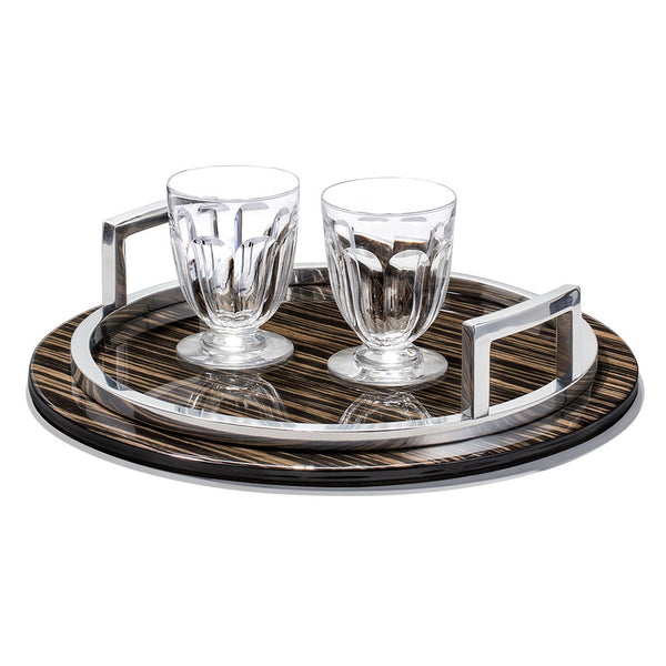 handmade black and brown striped round tray with german silver rim and handles and two glasses 