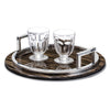 handmade black and brown striped round tray with german silver rim and handles and two glasses 