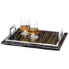 handmade brown and black striped ebano veneer wood small platter drinking glasses on top with silver handles