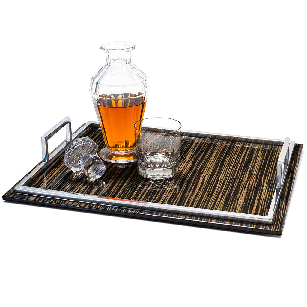 handmade brown and black striped ebano veneer and wood large tray drinking glasses on top with silver handles