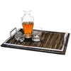 handmade brown and black striped ebano veneer and wood large tray drinking glasses on top with silver handles