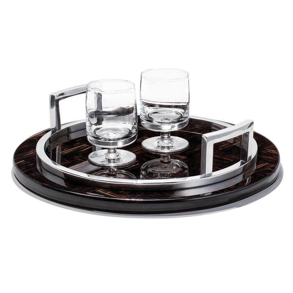 handmade black and brown striped round tray with german silver rim and handles and two glasses 