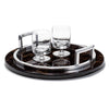 handmade black and brown striped round tray with german silver rim and handles and two glasses 