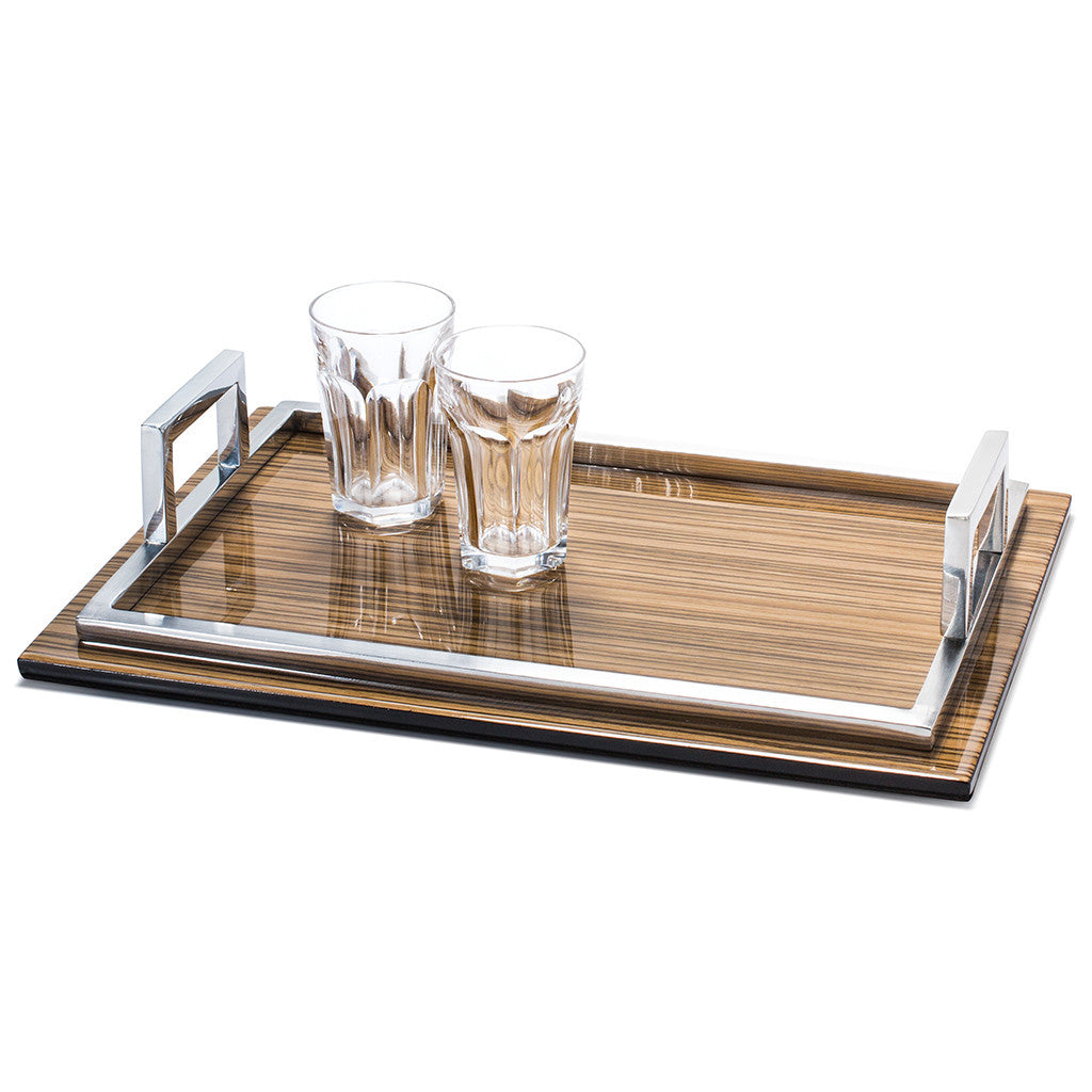 handmade beige zebrano striped veneer wood small rectangular tray with silver handles and drinking glasses on top