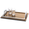 handmade beige zebrano striped veneer wood small rectangular tray with silver handles and drinking glasses on top