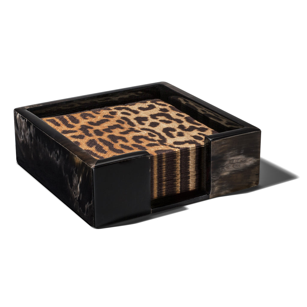 handmade brown tones horn square luncheon napkin holder with leopard print napkin inside