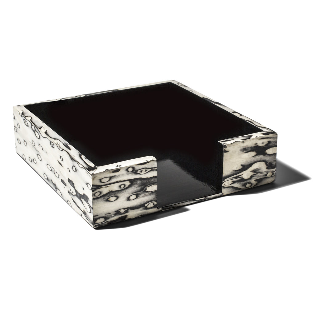 handmade black and cream patterned ojo de pajaro luncheon napkin holder with black wood inside empty