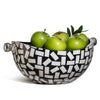 handmade white rectangular bone pattern on high gloss black wood serving bowl with two german silver knob handles and green apples inside