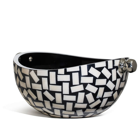 handmade white rectangular bone pattern on high gloss black wood serving bowl with two german silver knob handles 