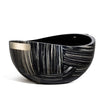 handmade black wood serving bowl with cream geometric stripe pattern and two german silver handles