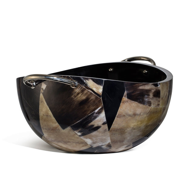 handmade brown and black geometric natural horn pattern serving bowl with black interior and german silver c-shaped handles
