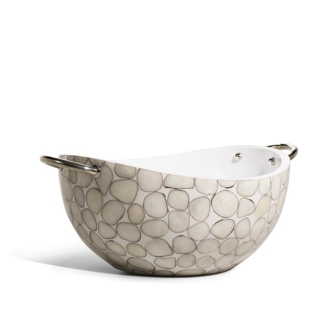 handmade cream and grey tagua seed pattern inlay on white wood with white interior and two german silver c-shaped handled 