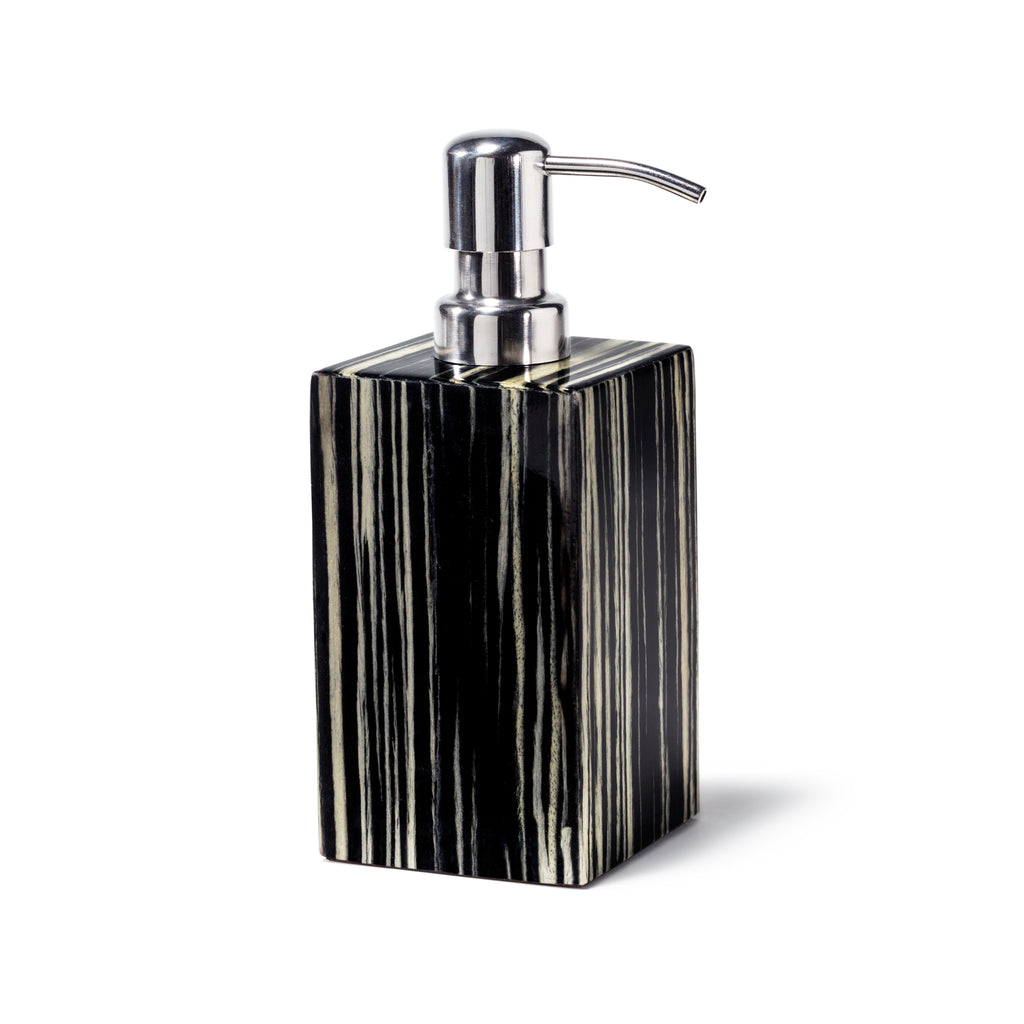 The Ebano Veneer Soap Dispenser from LaDorada handcrafted with exquisite detail, embodying timeless elegance and craftsmanship.