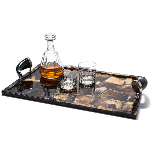 handmade black and tan horn veneer large tray with horn handles drinking glasses on top 