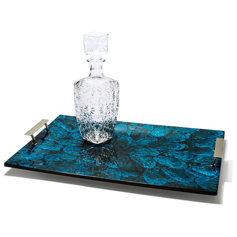 handmade blue mother of pearl and wood large tray with glass decanter on top