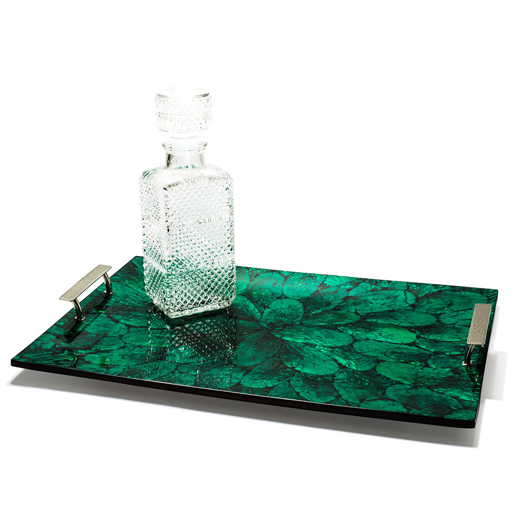 handmade green oval patterned mother of pearl german silver wood large tray glass container on top