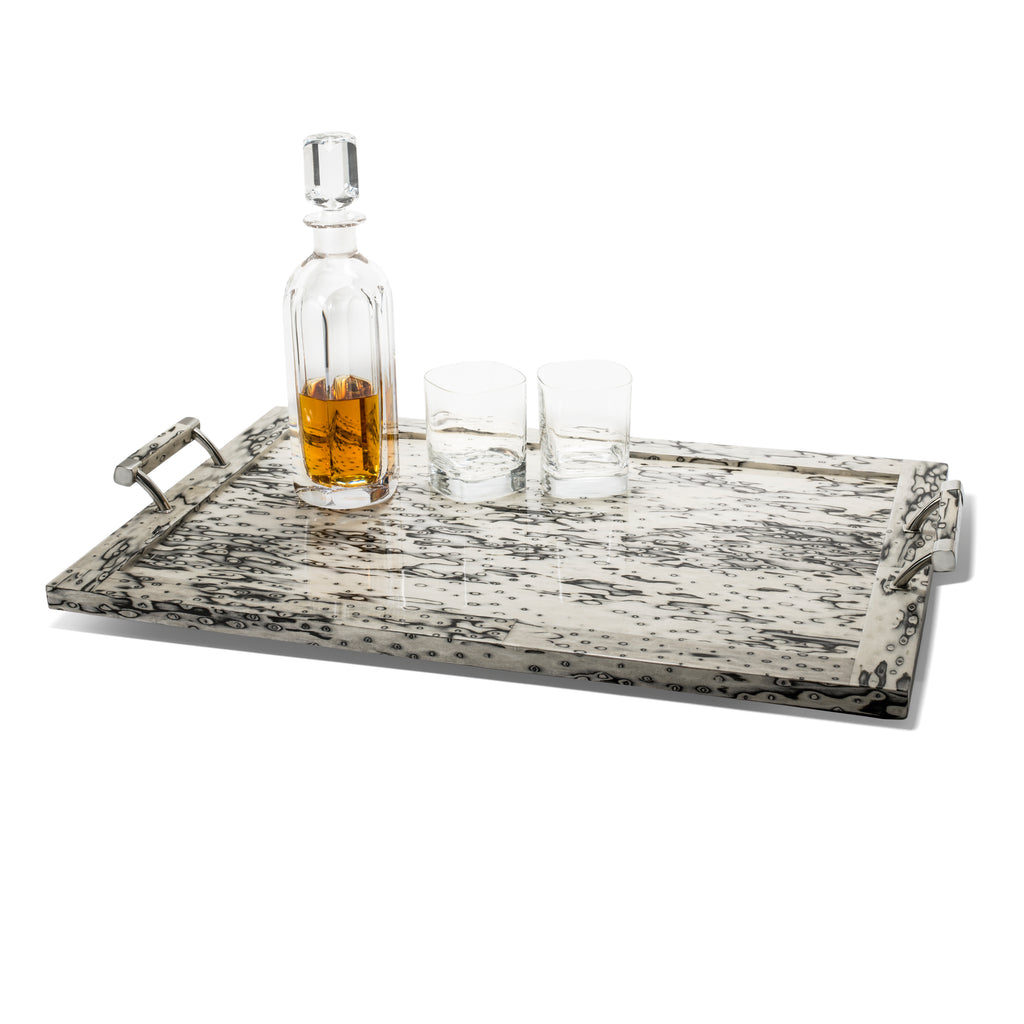 handmade cream and black ojo de pajaro veneer wood large tray with wood and german silver handles and drinking glasses on top