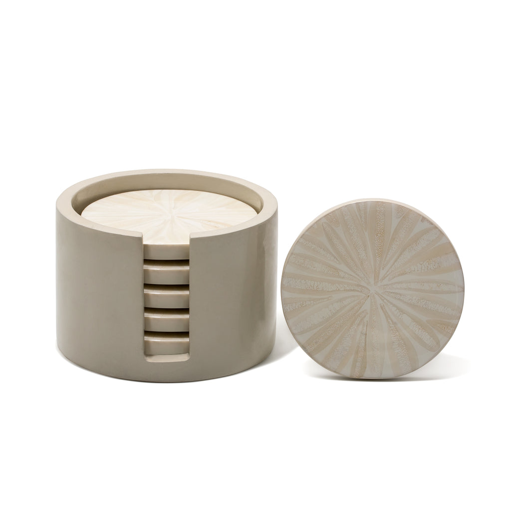 handmade light almendro round wood bone coaster set with coasters in container 