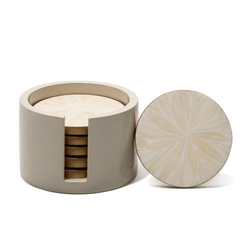 handmade light almendro inlaid bone and gold bottom round wood bone coaster set with coasters in container